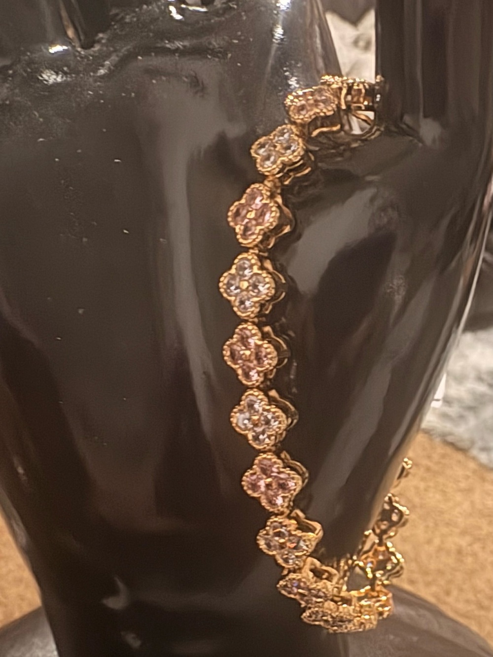 Gold-tone Pink Flower Link Necklace